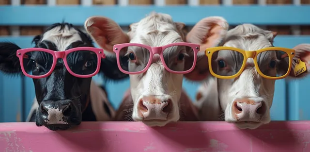 Cute cows wearing colorful sunglasses stand out against a soft pastel background in a playful, cartoon-style graphic.