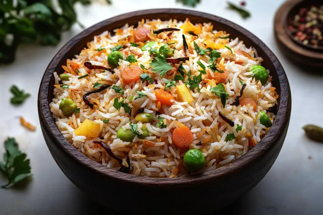 A bowl of mixed vegetable rice topped with herbs, peas, and carrots on a tabletop.