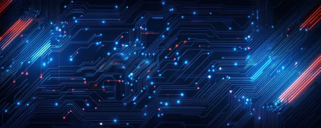Abstract glowing digital circuit board with blue and red data light trails