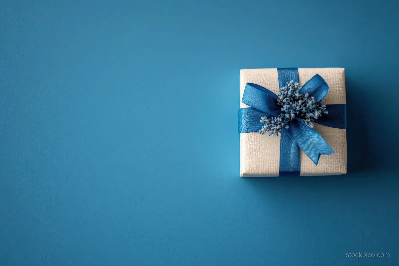 Blue ribbon gift box with a sparkly bow on a deep blue minimalist background.