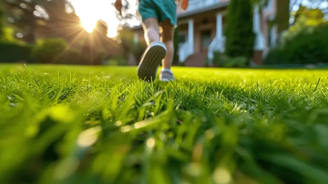 Child running across green grass toward a house as the sun sets in the background.