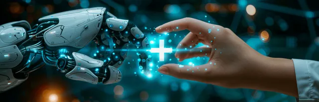 Human hand connects with robotic fingertips over glowing medical data network