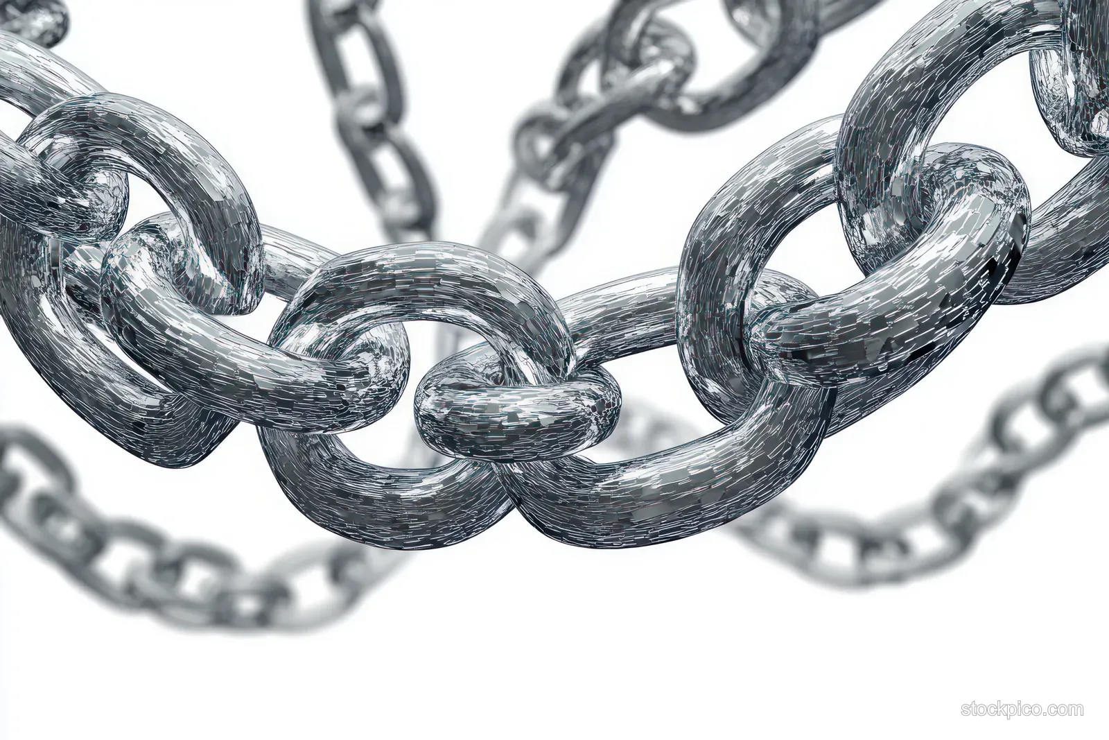 Interlinked steel chain links with reflective textured surfaces against a blurred white background.