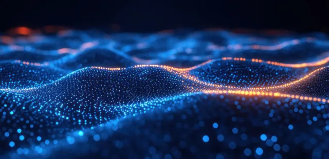Glowing blue and orange dot particles form wave curves across a dark digital landscape background.