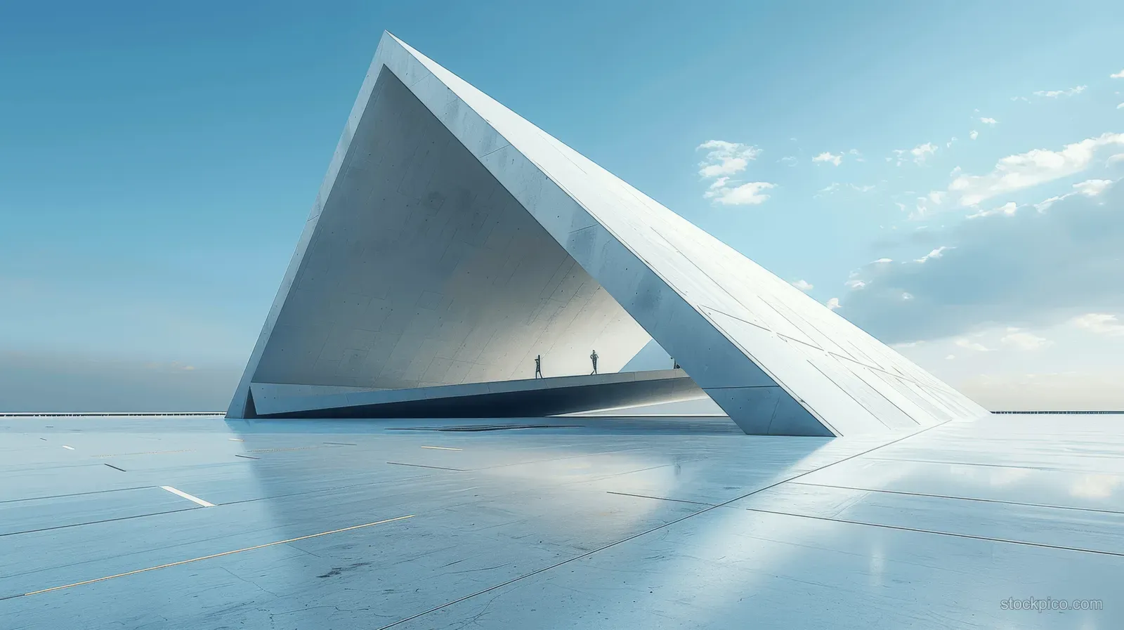 Low-angle view of a sharp-edged triangular concrete structure on a reflective plaza under a blue sky.