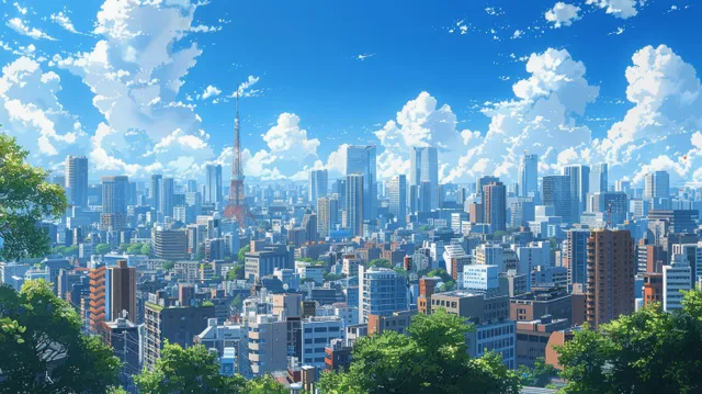 Anime Tokyo skyline under bright blue daytime sky with clouds and detailed skyscrapers