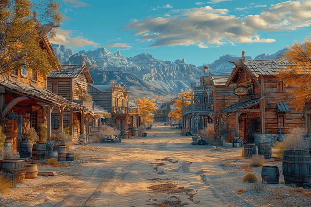 Dusty Western street lined with wooden saloon buildings, barrels, and a blue sky above mountains.