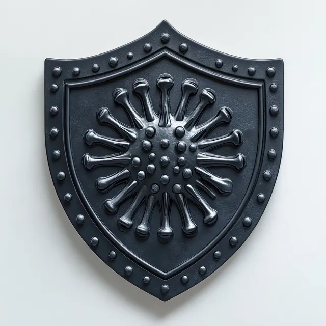 Black riveted metal shield wall-mounted with a raised virus-like emblem representing protection.