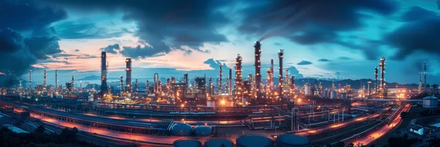 Panoramic oil refinery at twilight with rain clouds, pipes, and towering storage tanks