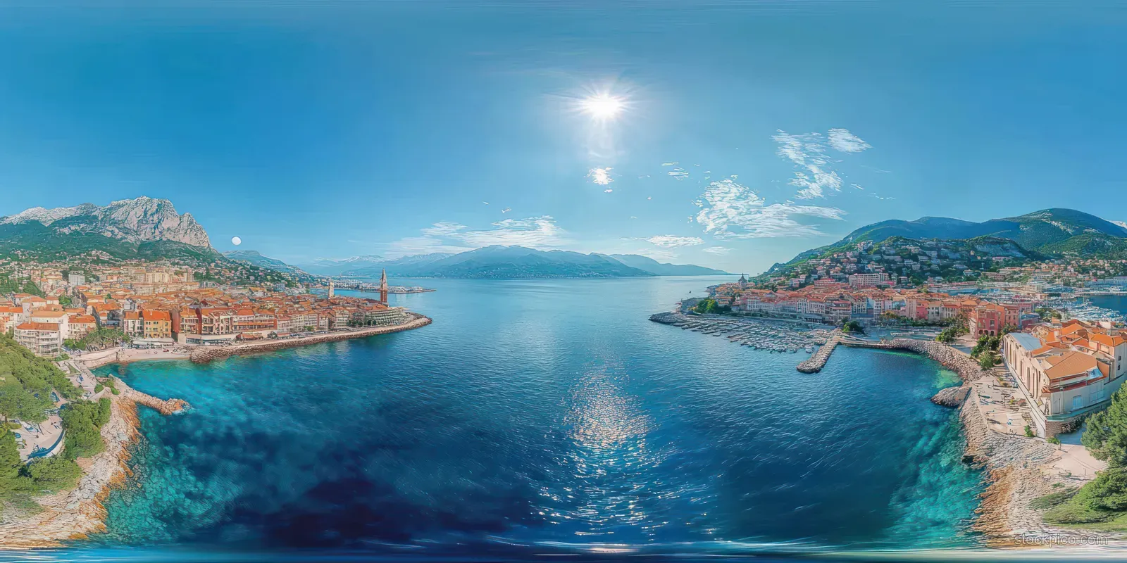 Panoramic harbor town with boats docked, red-roofed buildings, clear blue sea, and green hills under a bright sky.