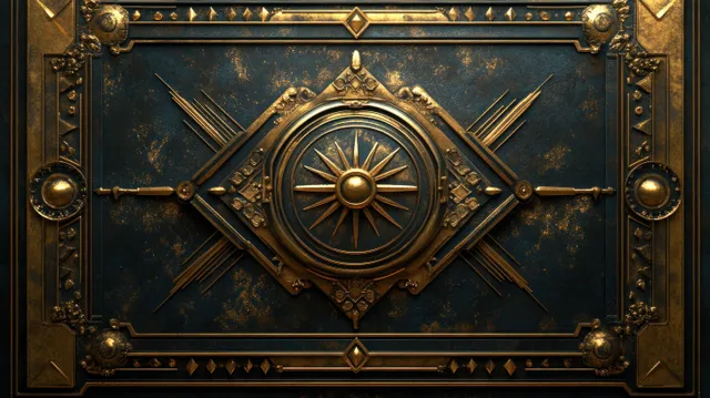 Panel art déco oscuro con un elaborado borde dorado y un emblema central de estallido solar con brújula.