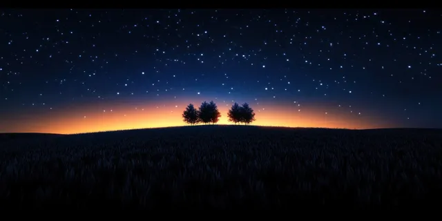 A tranquil night landscape with silhouetted trees, a glowing twilight horizon, and a star-filled sky under a dreamy moonlit atmosphere.