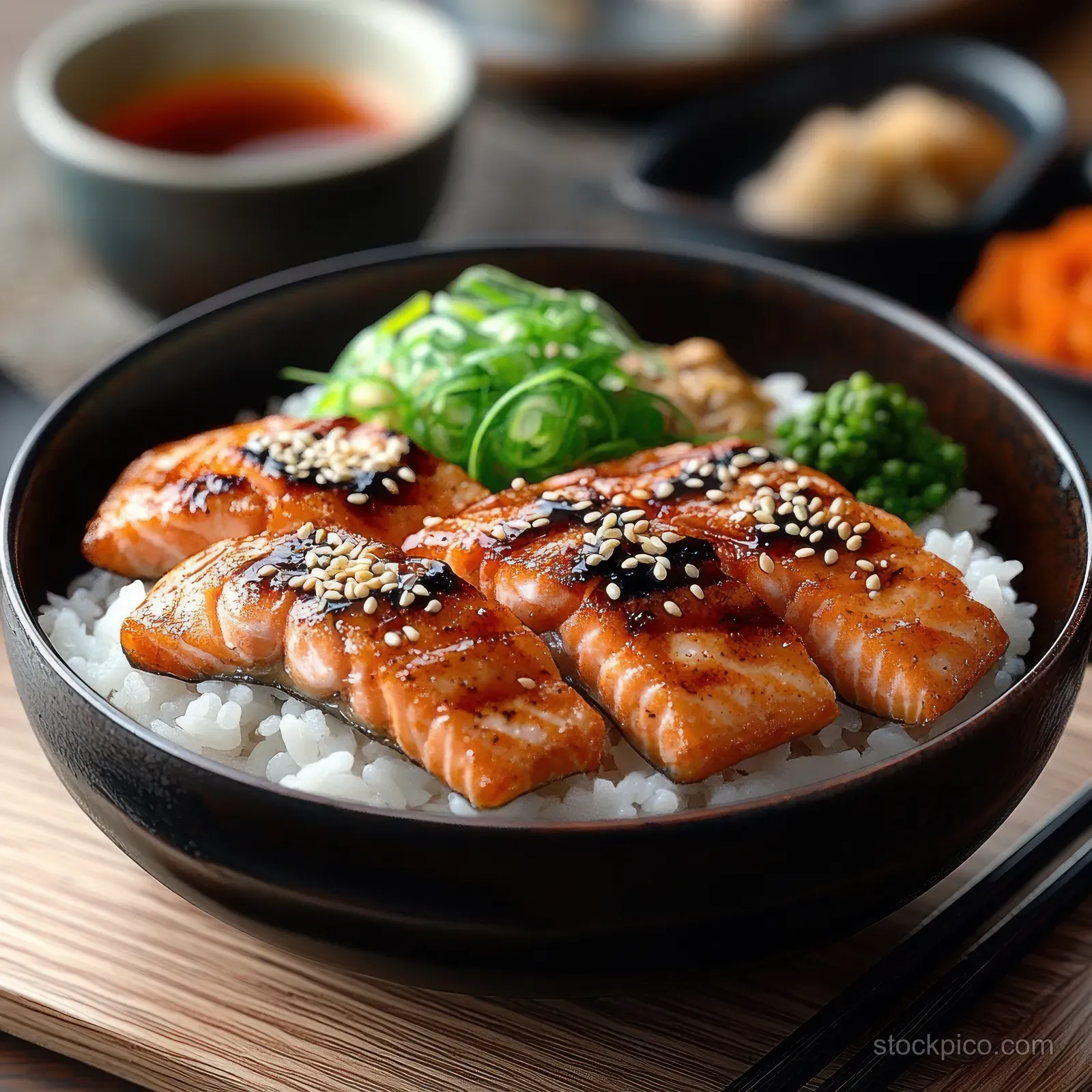 Sesame grilled salmon fillets sit on white rice in a black bowl with green onions garnish and chopsticks on a wooden table.