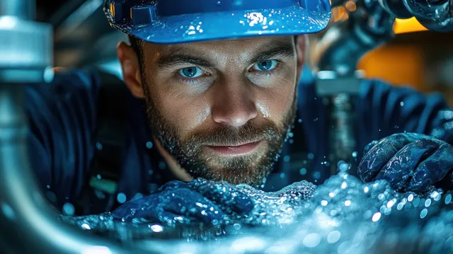 A plumber in a bathroom cabinet area adjusts sink pipes with a wrench while water droplets scatter.