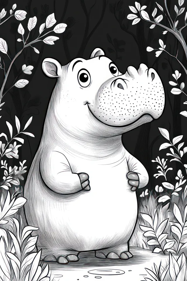 A smiling cartoon hippo stands in a black-and-white forest framed by detailed leaves and plants.