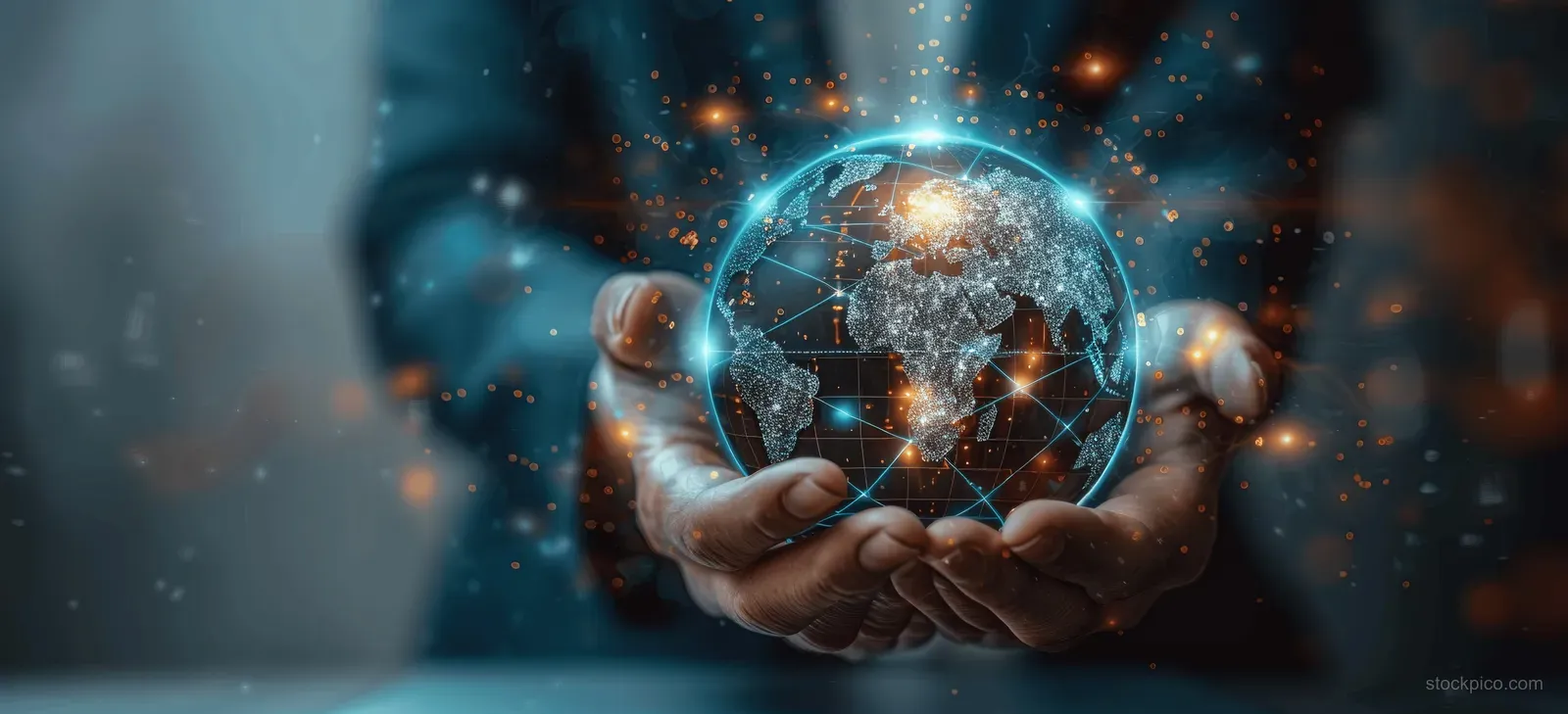 A businessman holds a glowing globe with digital network and AI icons above a laptop screen.