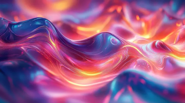 Iridescent neon liquid waves forming a glowing abstract landscape with metallic sheen