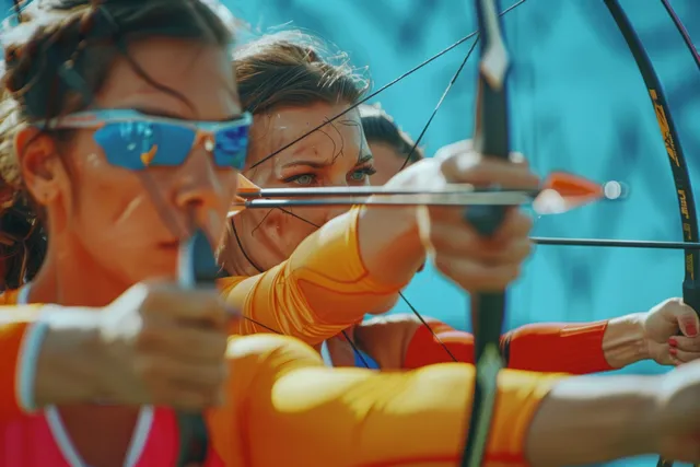 Women archers aiming in a line at outdoor range, arrows nocked, intense focus