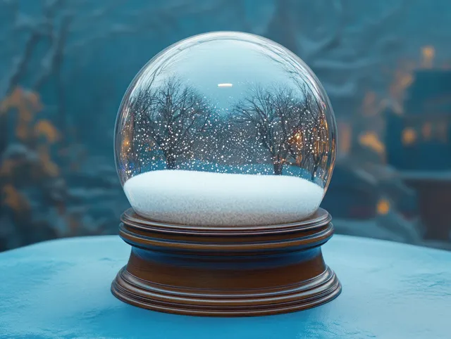 Snow globe with falling snow and glowing winter trees inside a clear glass sphere on a polished wooden base.
