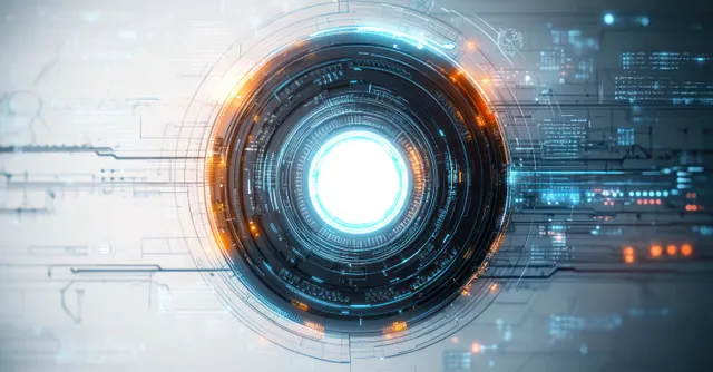 Glowing circular circuit core with symmetrical geometric patterns and connected data lines on a futuristic interface background.
