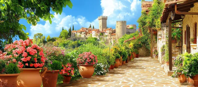 Medieval stone castle framed by a garden path with pots, flowers, and waterfall