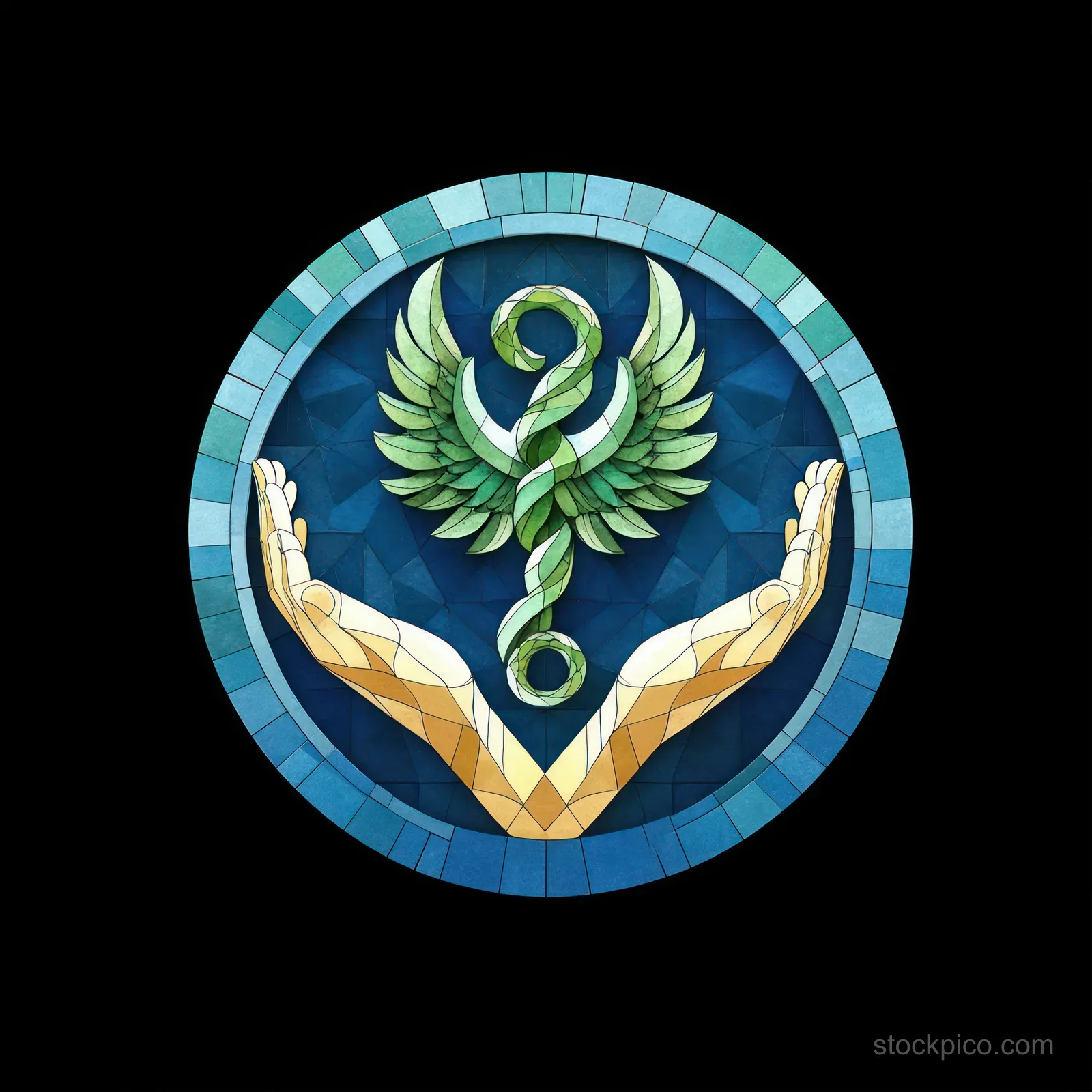 Two open hands hold a winged serpent staff emblem inside a blue circular mosaic frame on black.