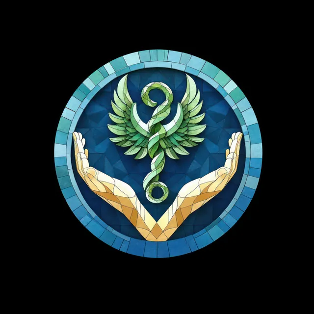 Mosaic illustration of two open hands holding a winged serpent staff emblem in a blue circle