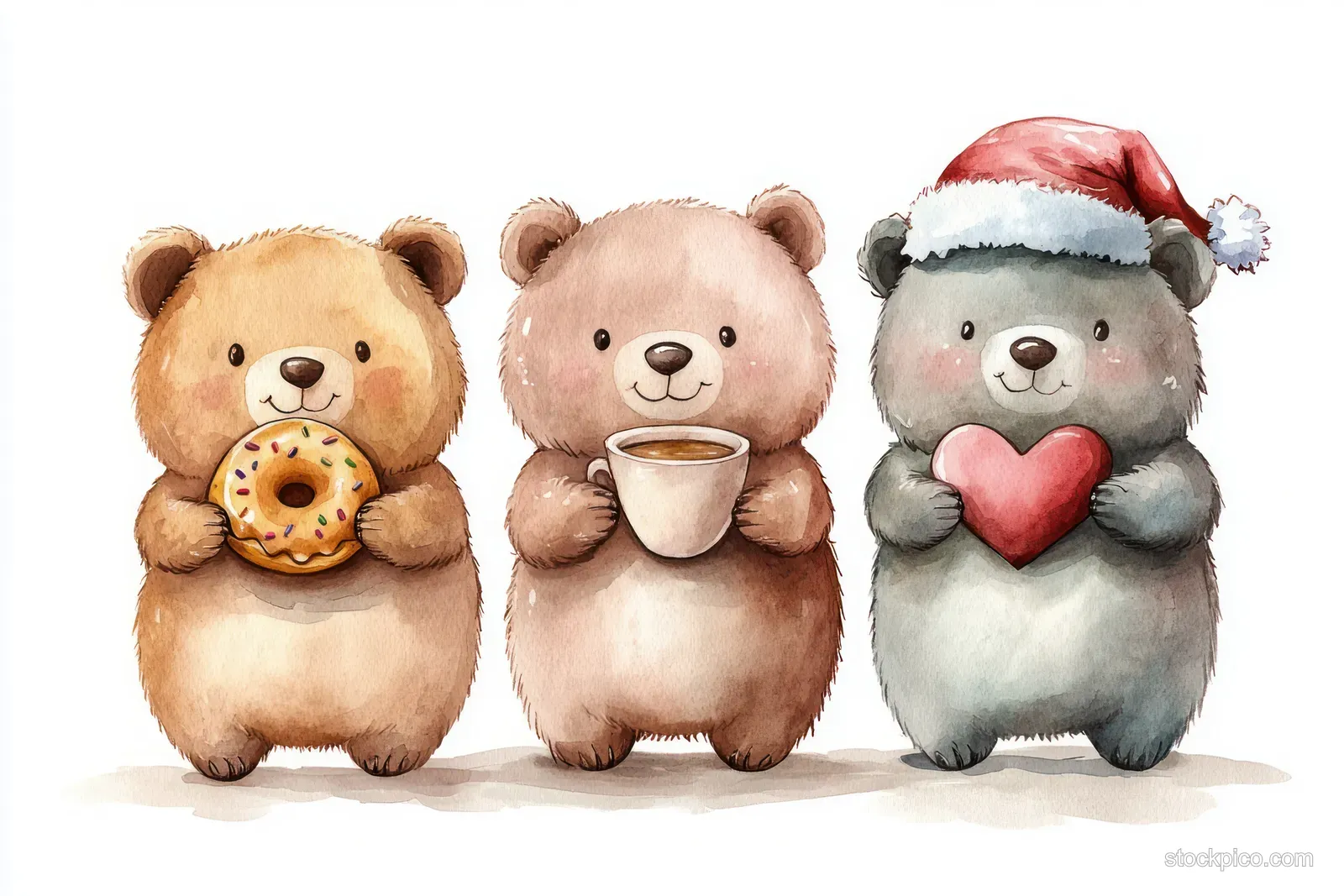 Three watercolor bears on white background, one with donut, one holding a cup, one in Santa hat with red heart.
