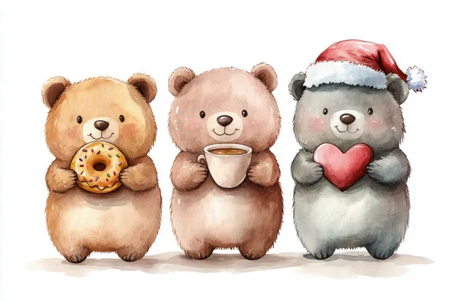 Whimsical watercolor bears holding a donut, heart, and cup on white background