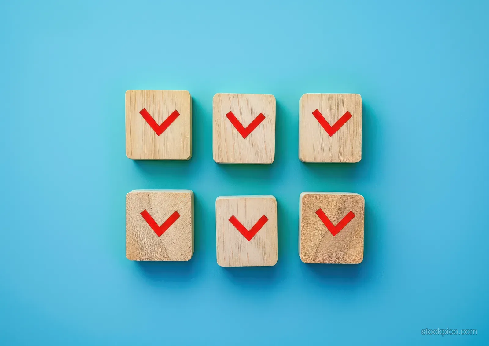 Six wooden blocks with red check marks arranged in two rows on a solid blue background.