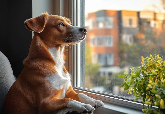 Brown and white dog sits by a window watching the sunset, with a green houseplant beside it indoors.