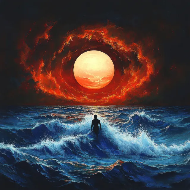 A lone silhouetted person stands in rough ocean waves facing a glowing sun encircled by fiery red-orange clouds.