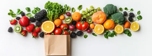 Fresh fruits and vegetables spilling from a paper grocery bag
