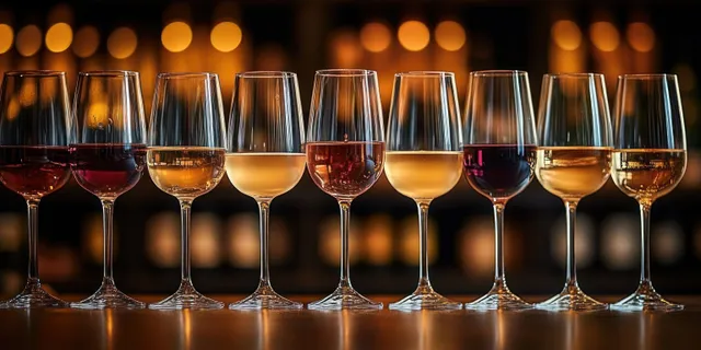 A row of stemmed wine glasses filled with red, rosé, and white wine against warm blurred lights.