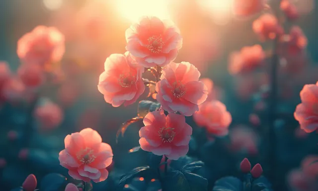 Pink spring blossoms with soft-focus greenery and glowing bokeh in a dreamy garden scene.