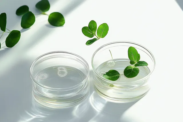 Green leaves floating in clear water inside two transparent petri dishes on white surface