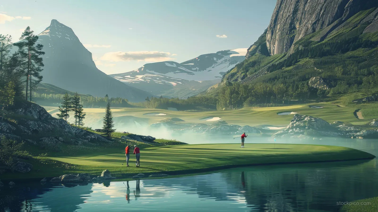 Women golfers play a team match on a green fairway with a mountain lake and cliffs in the background.