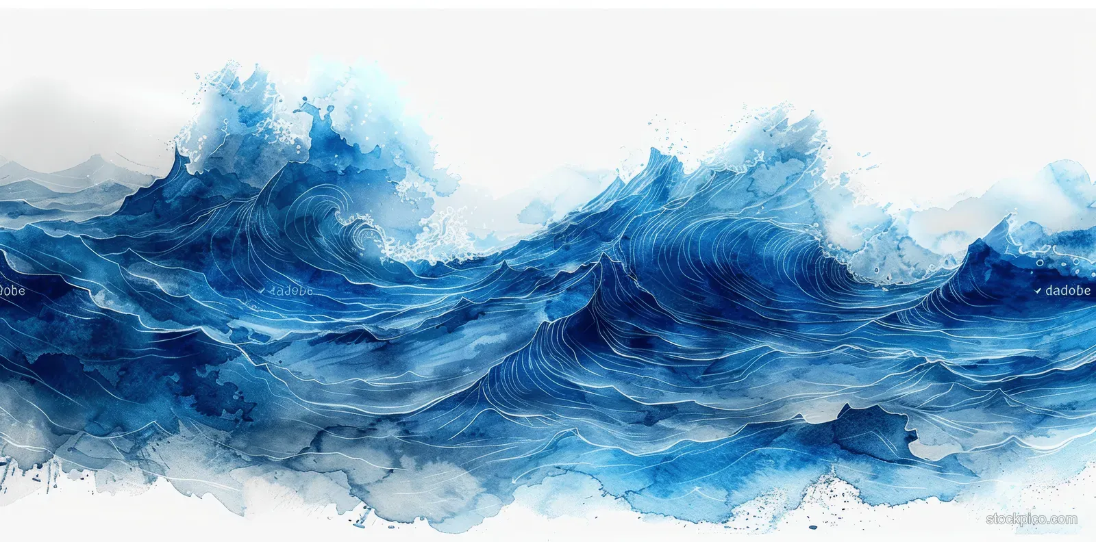 Watercolor ocean waves in blue and white swirl and splash across a soft abstract sea background.
