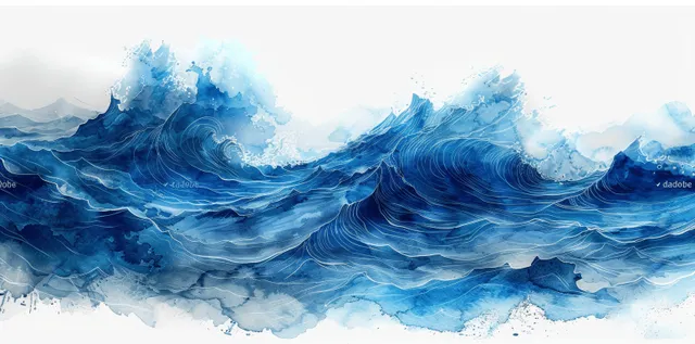Watercolor ocean waves in blue and white swirl and splash across a soft abstract sea background.