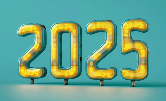 2025 New Year 3D digital clocks with yellow glow on turquoise background