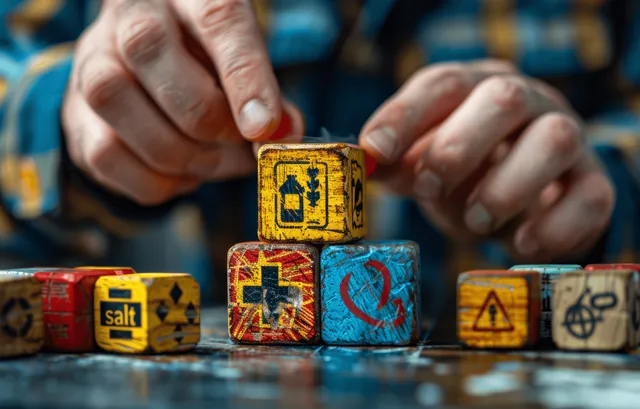 Hands position wooden safety blocks marked with hazard symbols on a workbench surface.