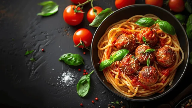 Spaghetti and Meatballs in a Dark Bowl with Fresh Basil