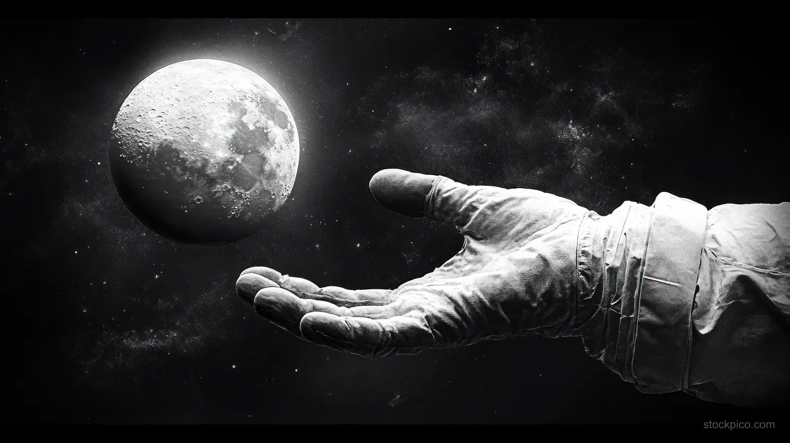 Monochrome astronaut reaching toward a floating moon with scattered stars and cosmic dust in deep space.