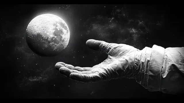 Monochrome astronaut reaching toward a floating moon with scattered stars and cosmic dust in deep space.