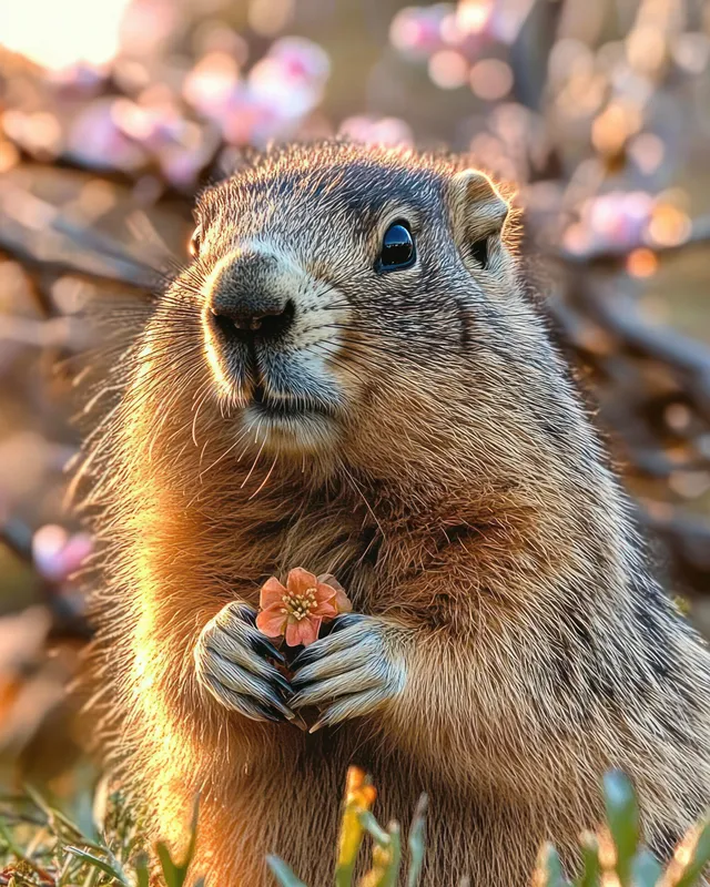 A close-up groundhog holds a small pink flower while warm sunlight and blurred background bokeh surround it.
