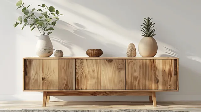 Light wood Scandinavian sideboard against a white wall with two ceramic vases and small potted plants on top.