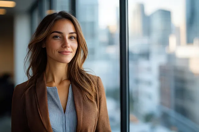 Businesswoman using a touchpad by a window, calm city view and natural light