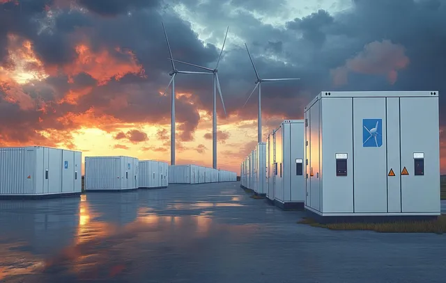 White battery storage containers stand in a row beside wind turbines under a colorful cloudy sunset sky.