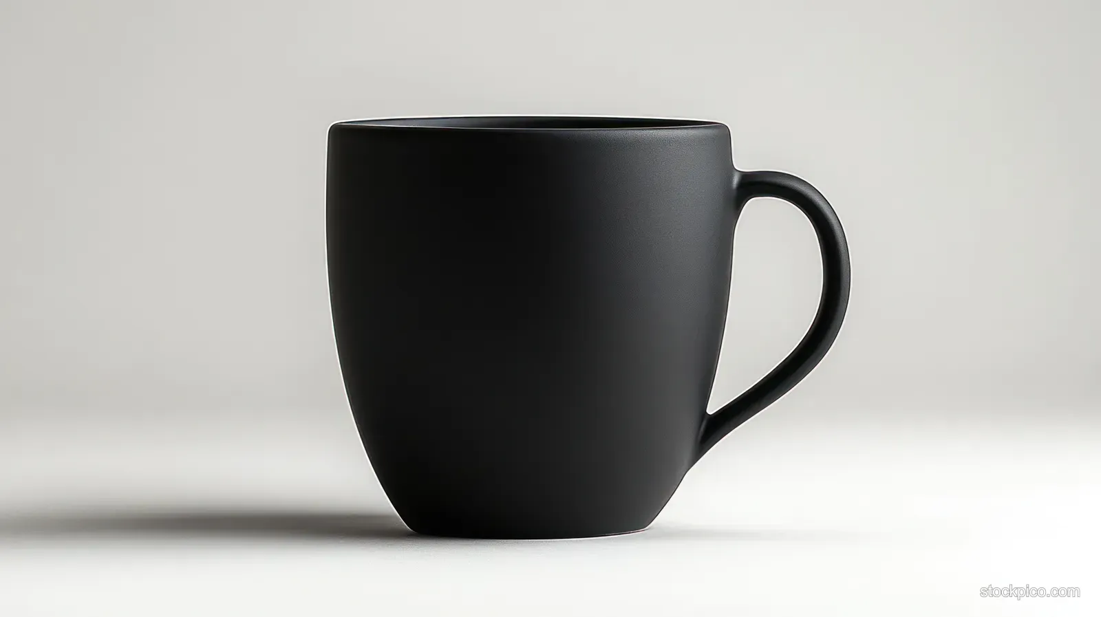 A black matte ceramic coffee mug with handle sits isolated on a neutral light studio background.