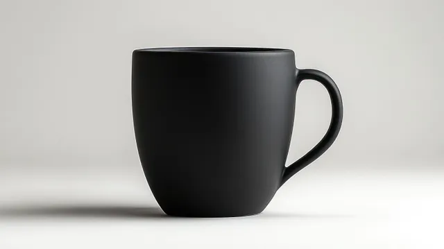 Black ceramic coffee mug with handle isolated on a neutral light studio background